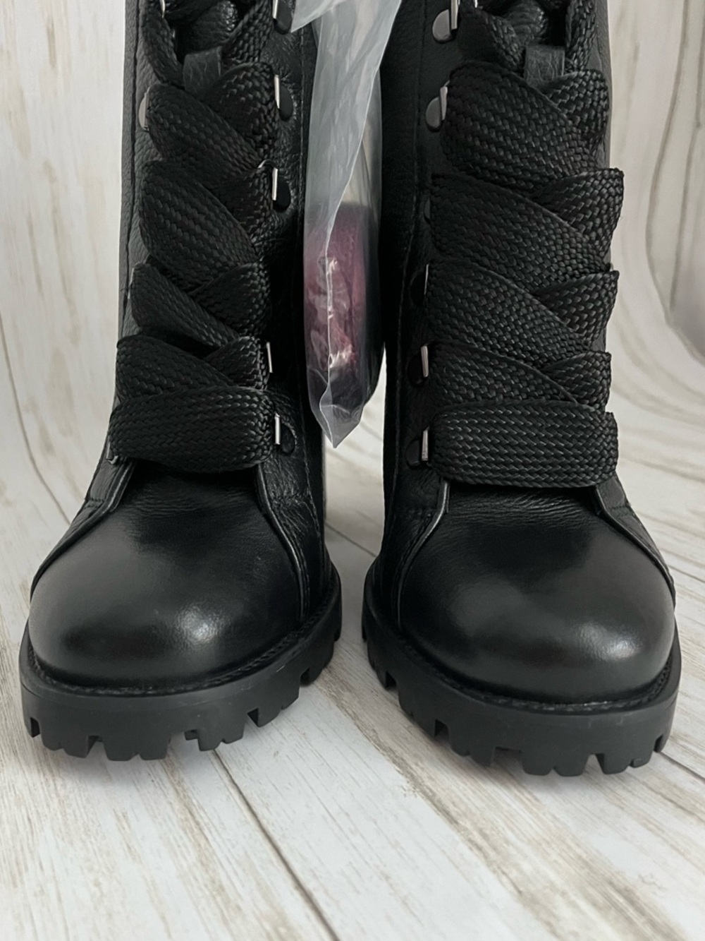 Schutz Zhara Black Leather Lace-Up Block Heel Lug Sole Boots - Picture 5 of 11